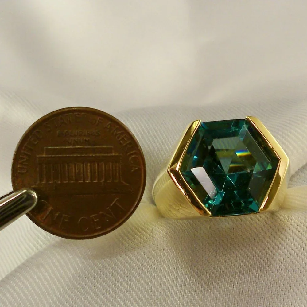 NEW Aquamarine Hexagon Cut Crystal Gold Ring